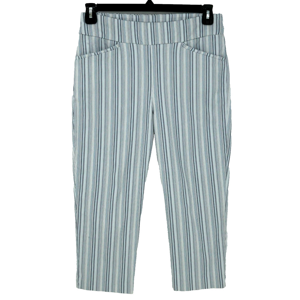 Chicos Pants 1 Womens Medium 8 Blue Ivory Stripe Perfect Stretch Capri Coastal